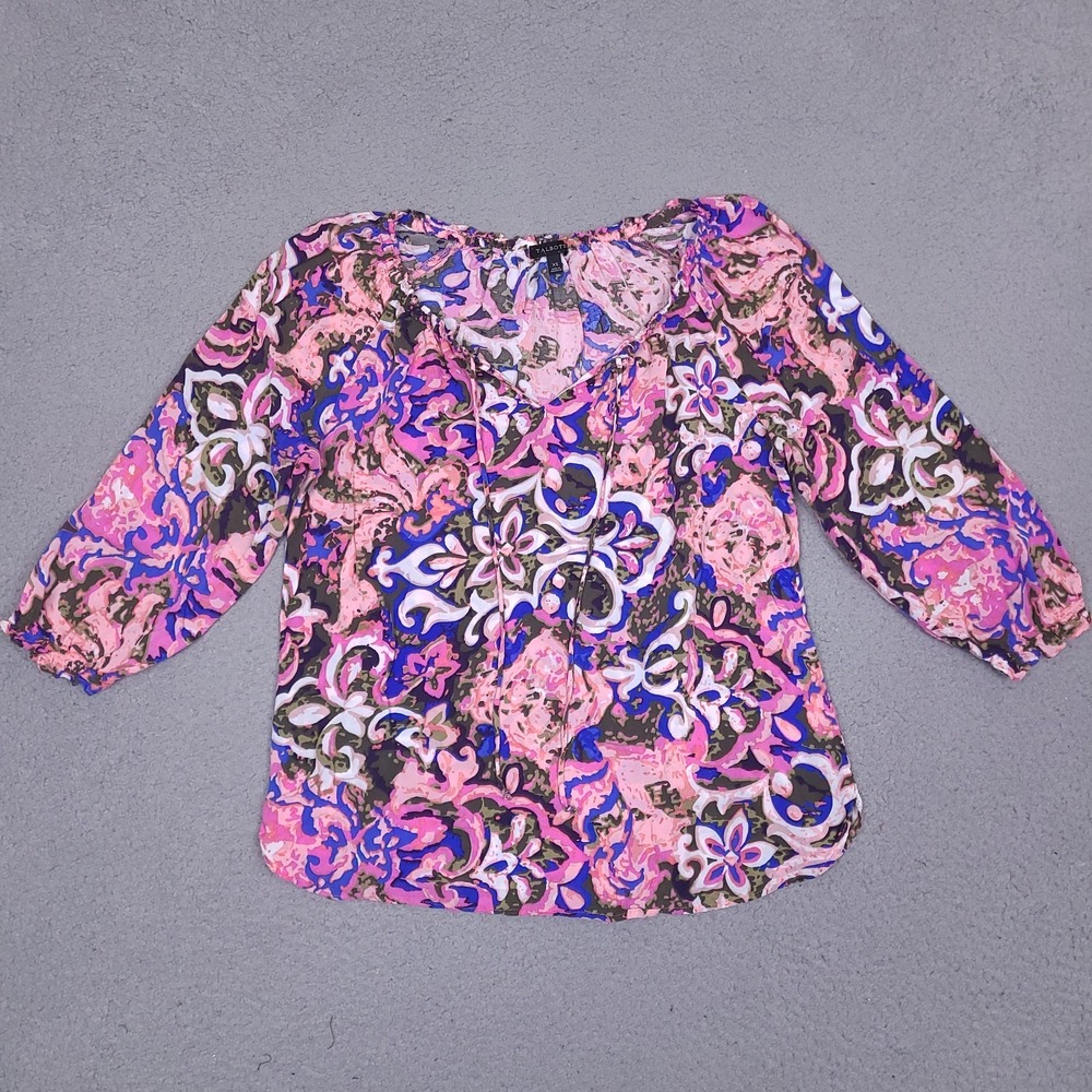 Talbots‎ Blouse Top Womens XS Coral Reef Paisley Tie Neck Lightweight Rayon